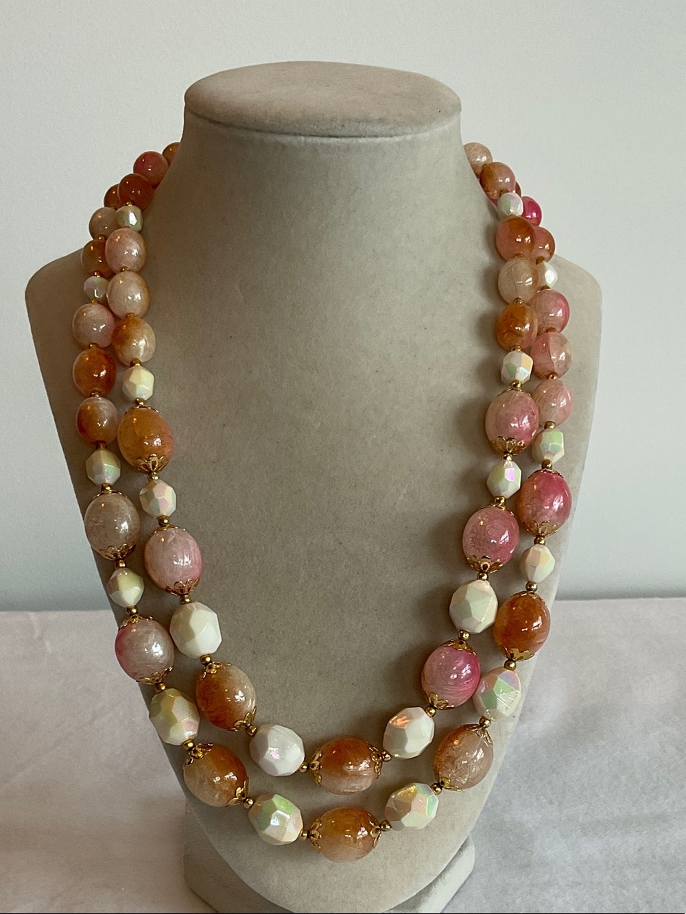 Hong Kong Double Strand Pink and White Acrylic Bead Necklace